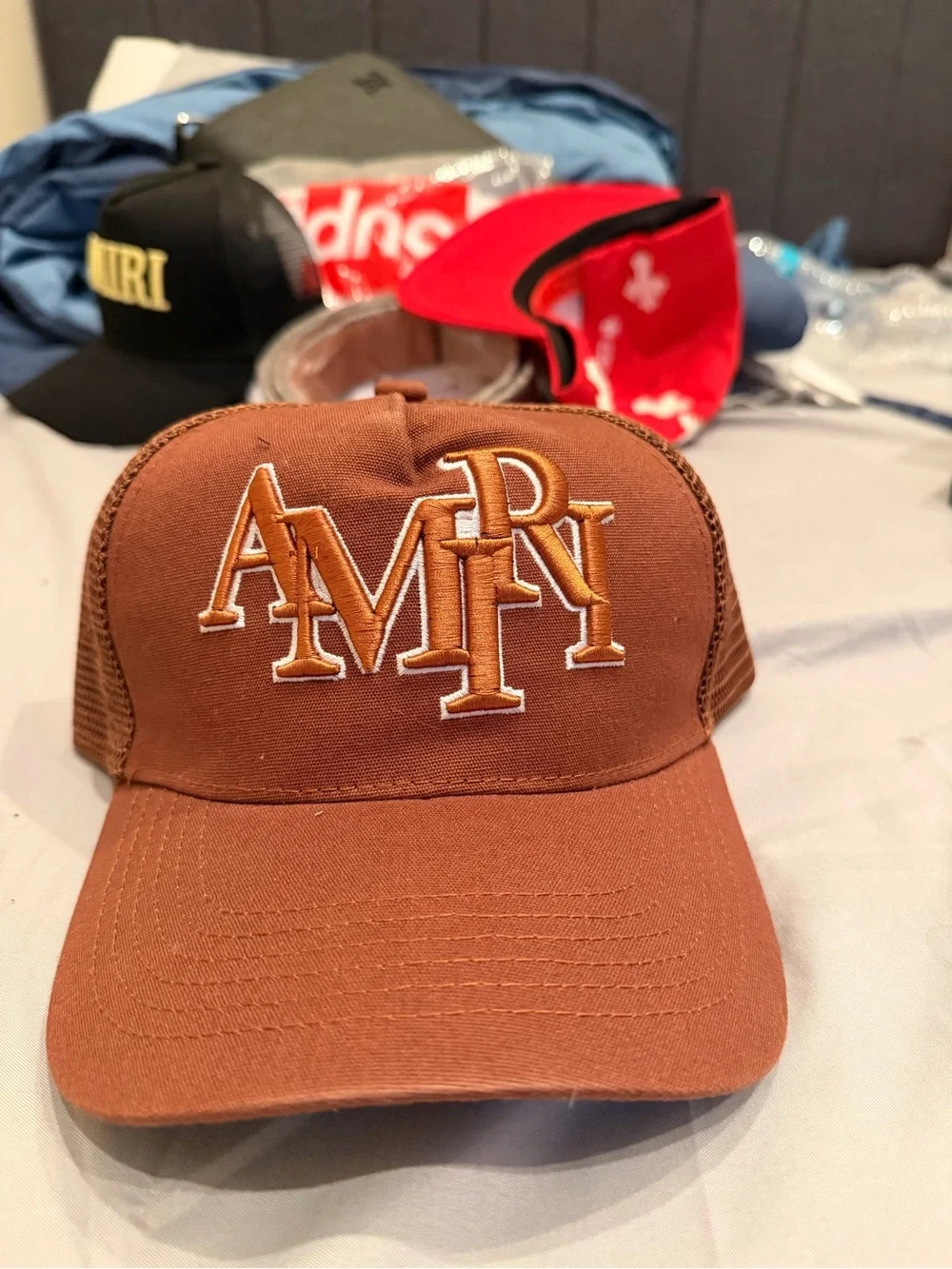 AMIRI Brown Embroidered Logo Mesh Trucker Hat